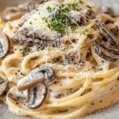 A decadent pasta dish with truffle mushrooms, cream sauce, and grated cheese.